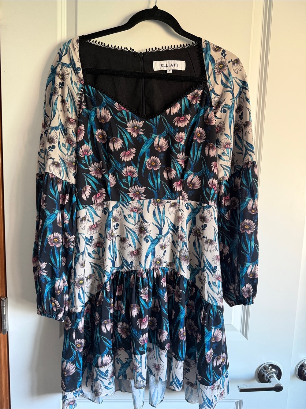 Elliatt Black, Ivory, Teal & Pink Floral Tiered Mini Dress